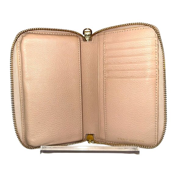 Tory Burch Scalloped-T metallic zip wallet in gold and pale pink leather (GUC) - Picture 5 of 5